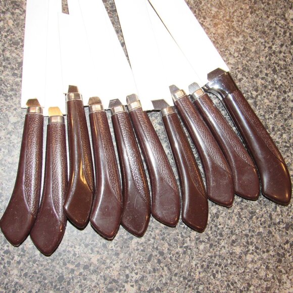 Set of 10 Vintage Ginsu Stainless Serrated Knife Knives USA Brown Handle Steak - Picture 6 of 6